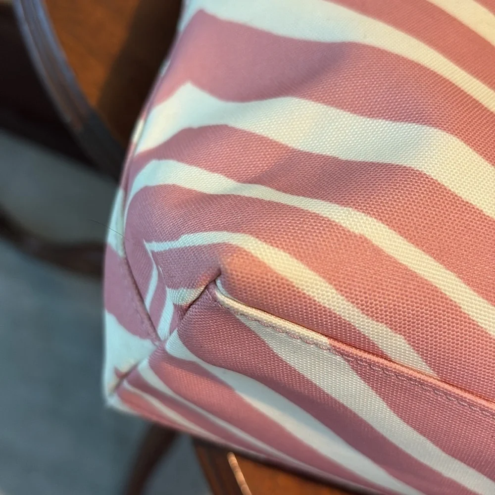 Coach Pink zebra striped tote canvas/light tan leather trim/2 hangtags like new